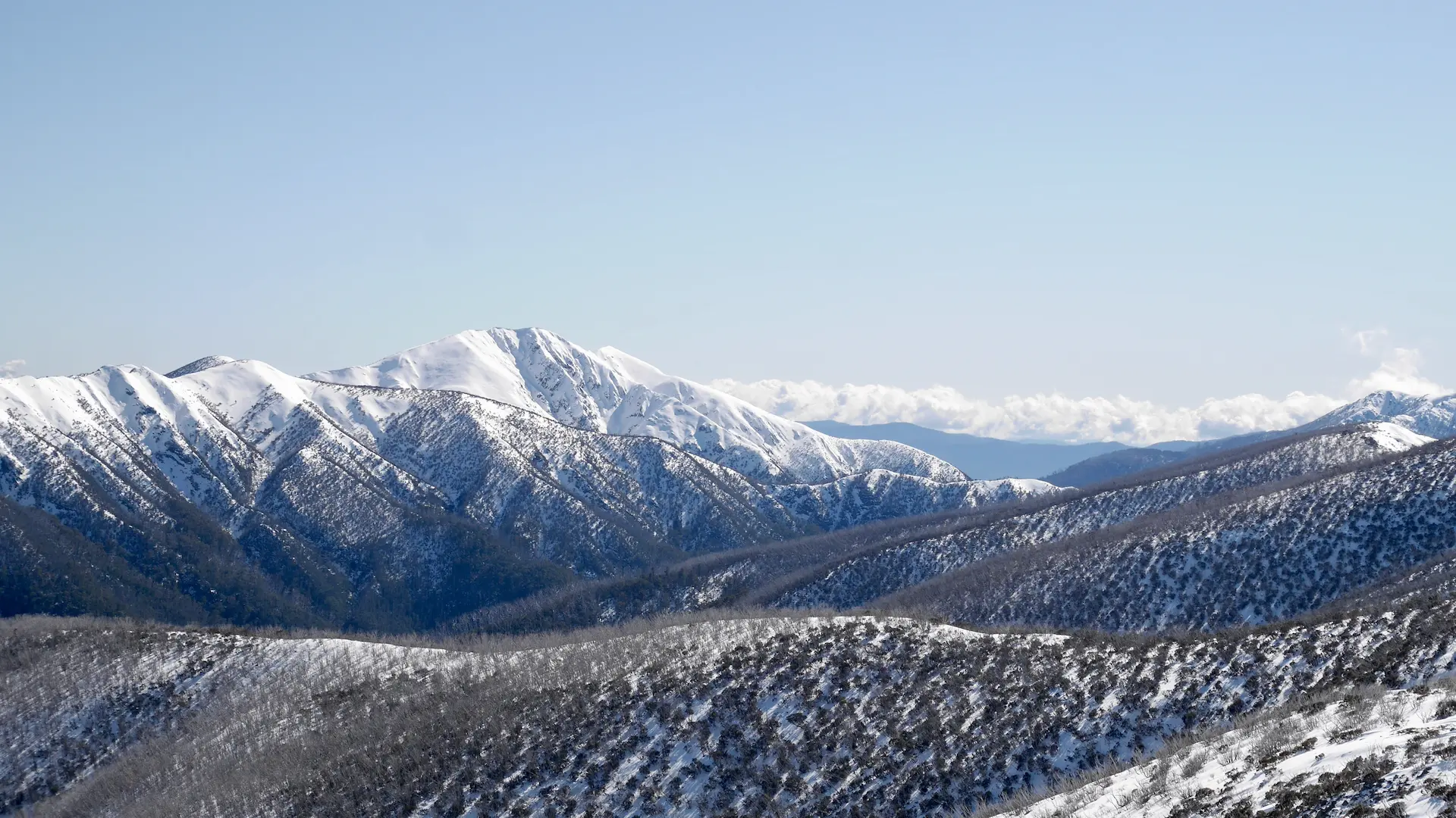 Snow-covered peaks of the Victorian High Country under a clear sky
